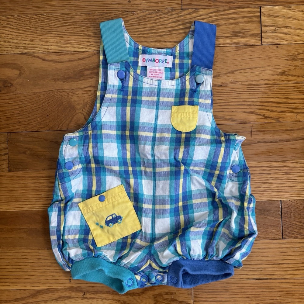 Vintage Gymboree Newborn Plaid Boys Car Color-block Shortall Bubble Rainbow Tag